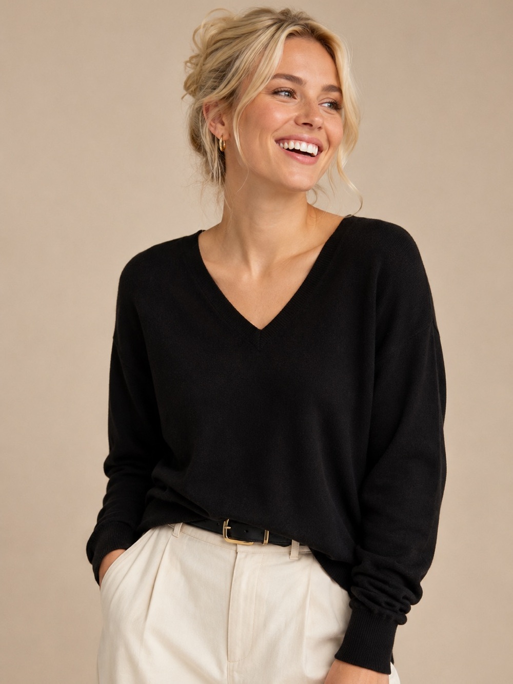 BeCool Black Ribbed V-Neck Knit Sweater Women's M/L Classic Minimalist Basic